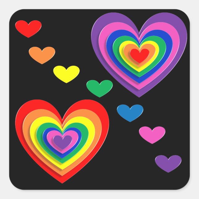 Regenbogenherzen Quadratischer Aufkleber (Vorderseite)