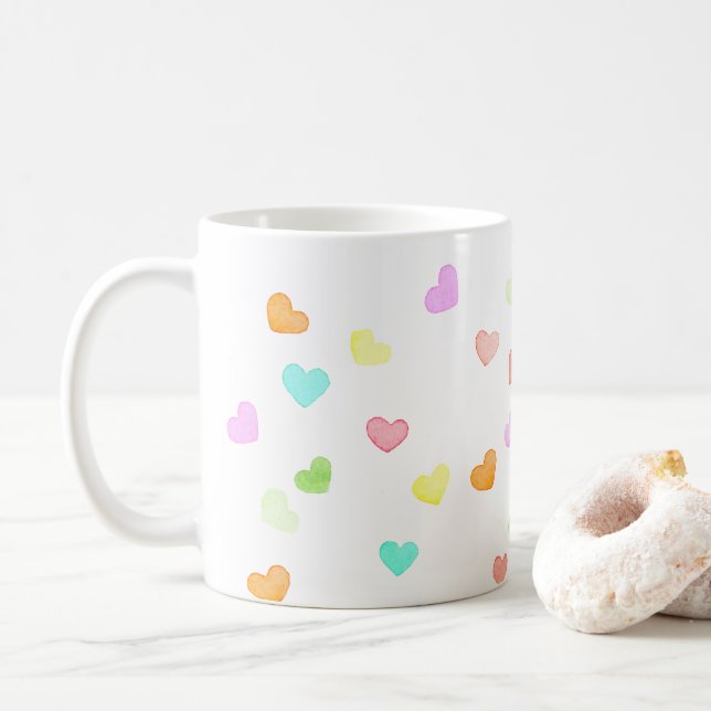 Regenbogenherzen Wasserfarbenfreude Kaffeetasse (Mit Donut)