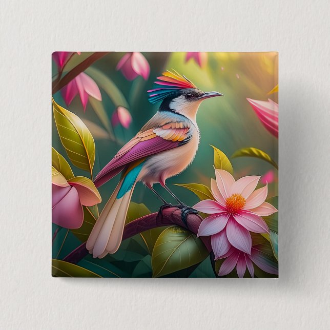 Regenbogenkamm Jay Fantasy-Vogel Button (Vorderseite)
