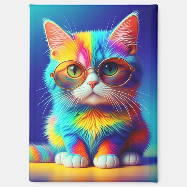 Regenbogenkatze mit Brille Magnet (Vorderseite)