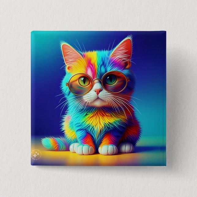 Regenbogenkatze mit Brille Porträt-47567 Button (Vorderseite)