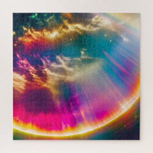 Regenbogenlicht scheut durch Wolken in Sternenhimm