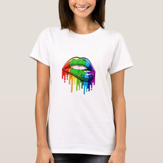 Regenbogenlippen mit 4 Blatt Klee T-Shirt (Vorderseite)