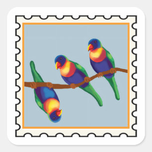 Regenbogenloris australische Briefmarkenkunst Quadratischer Aufkleber