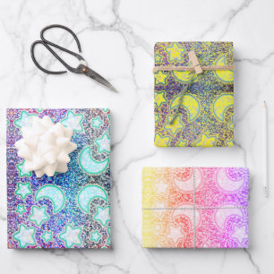 Regenbogenmond mit Galaxy-Glühsteinen Geschenkpapier Set