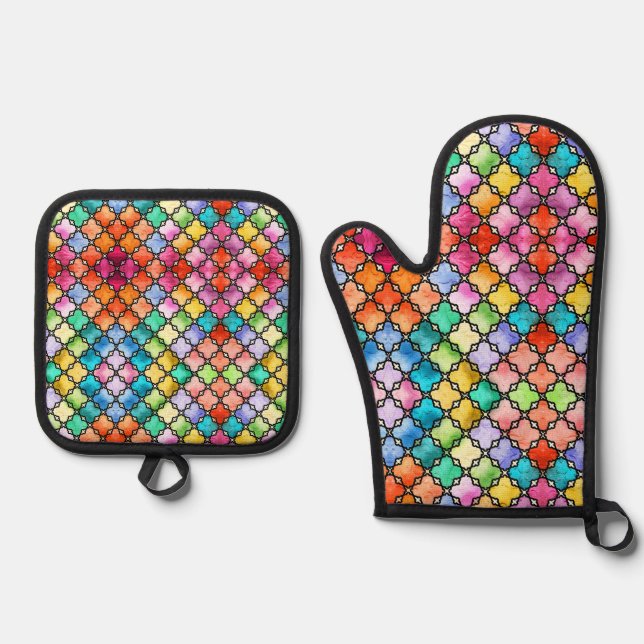 Regenbogenmosaik Ofenhandschuh & Topflappen-Set (Vorderseite)