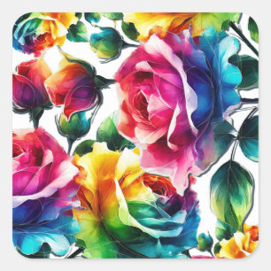 Regenbogenrosen Schwarz & Weiß Lebendige Florale H Quadratischer Aufkleber