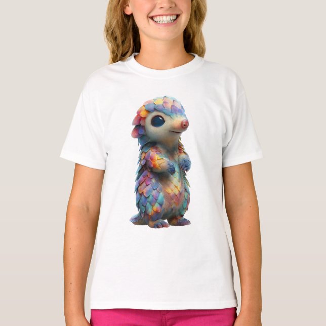 Regenbogenschuppene Pastell Pangolin Kreatur Kinde T-Shirt (Vorderseite)