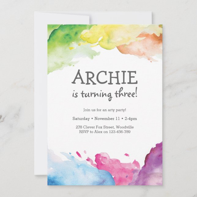 Regenbogenspritzen Kunst-Geburtstags-Party Einladung (Vorderseite)