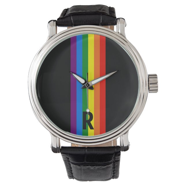Regenbogenstreifen auf schwarzem Gay Pride Persona Armbanduhr (Vorderseite)