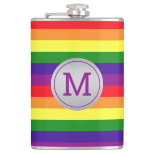 Regenbogenstreifen Grauer Kreis Monogramm Flachmann