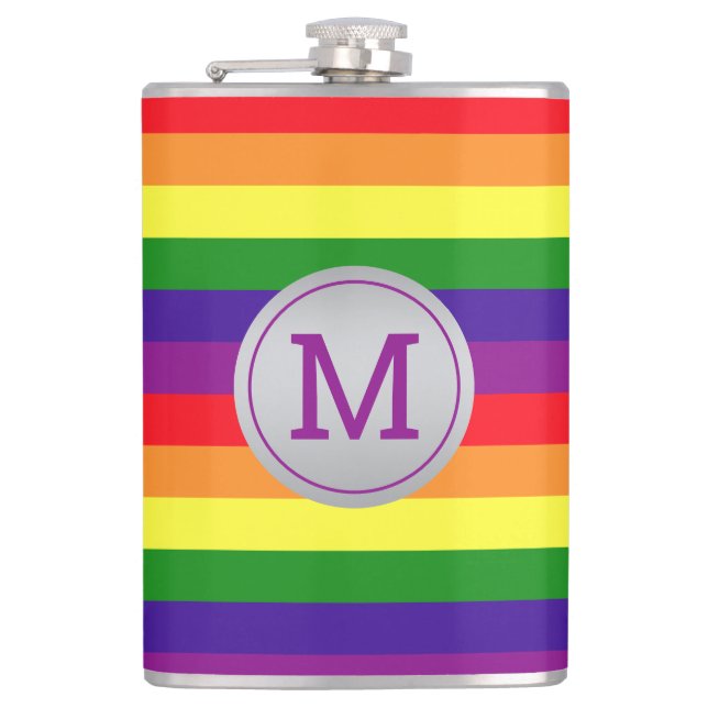 Regenbogenstreifen Grauer Kreis Monogramm Flachmann (Vorderseite)