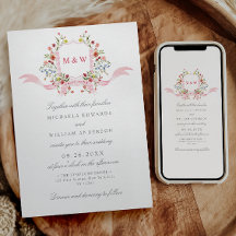 Regency-Aquarell-Botanik-Rosa-Wappen-Hochzeit