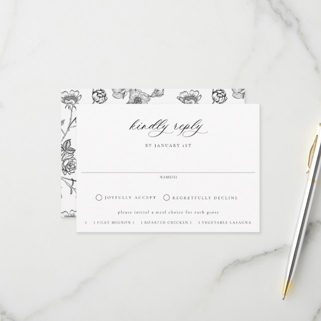 Regency Black Floral Meal Wedding RSVP Karte (Vorderseite/Rückseite Beispiel)