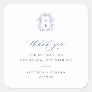 Regency Blau Crest Monogramm Hochzeit Danke Quadratischer Aufkleber