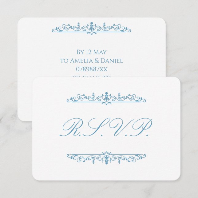 Regency Blau & Weiß RSVP Karte (Vorne/Hinten)