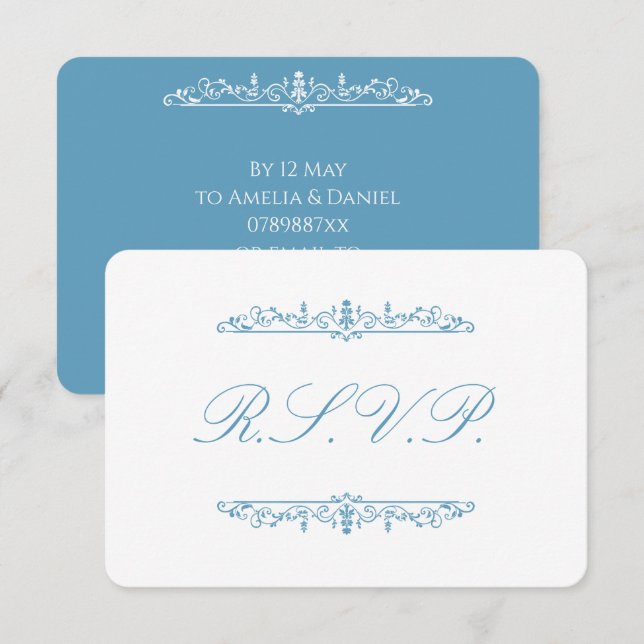 Regency Blau & Weiß RSVP Karte (Vorne/Hinten)