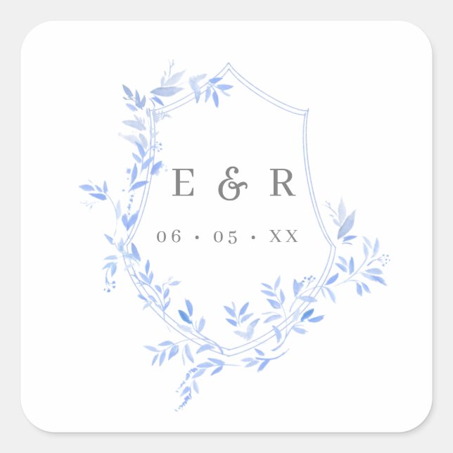 Regency Blue Blätter Wappen Monogram Quadratischer Aufkleber (Vorderseite)