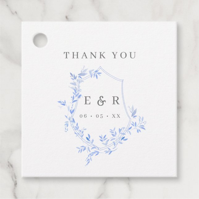 Regency Blue Blätter Wappen Monogram Vielen Dank Geschenkanhänger (Vorderseite)