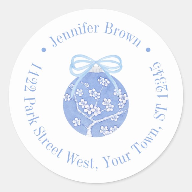 Regency Blue Christmas Bauble Bow Rücksendeadresse Runder Aufkleber (Vorderseite)
