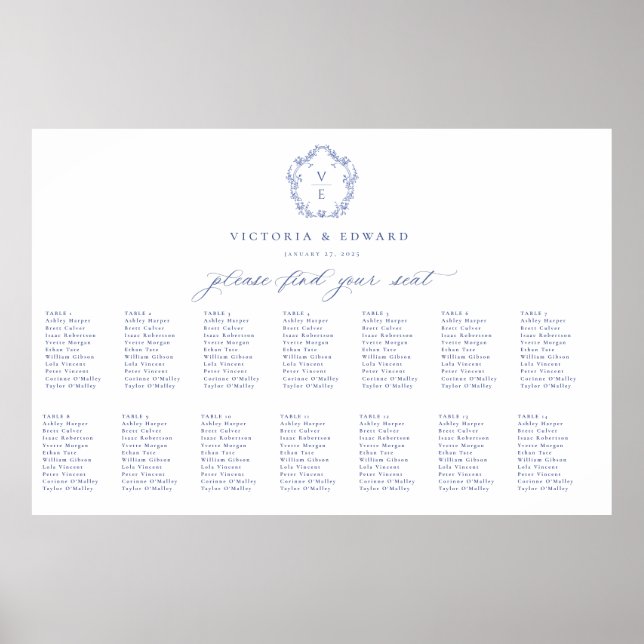Regency Blue Crest Monogram Wedding Seating Chart Poster (Vorne)