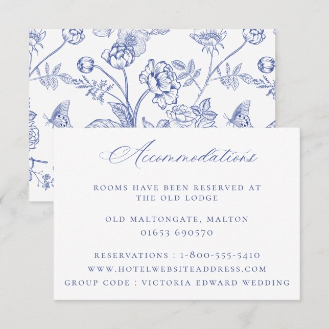 Regency Blue Floral Wedding Card Einladung (Vorne/Hinten)