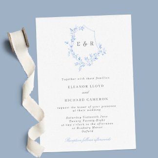 Regency Blue Monogram Leaf Wappen Wedding Einladun Einladung