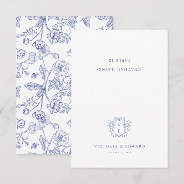 Regency Blue Ornamental Crest Wedding Place Card Einladung (Vorne/Hinten)