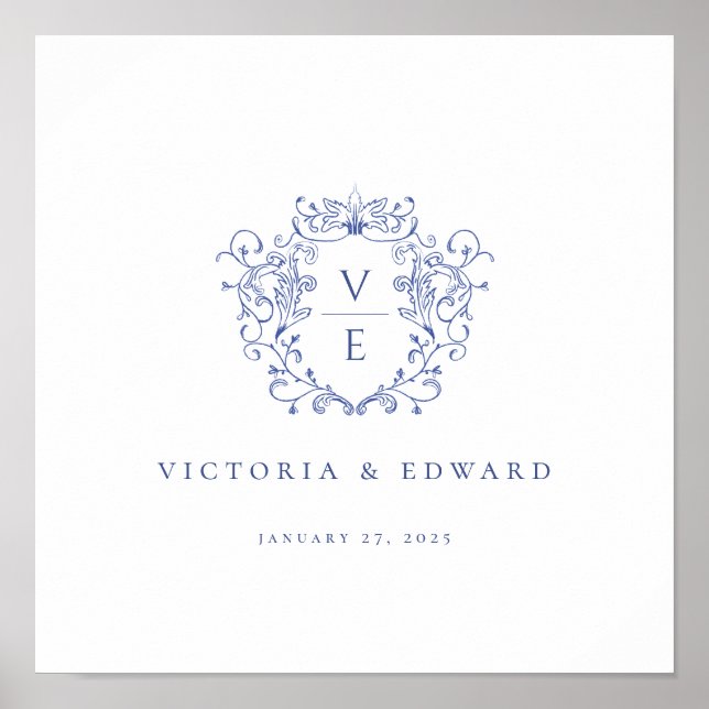 Regency Blue Ornamental Wappen Monogram Wedding Poster (Vorne)