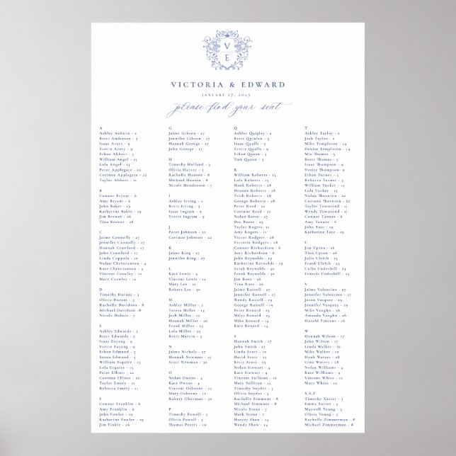 Regency Blue Wappen Alphabetisierungsplan Poster (Vorne)