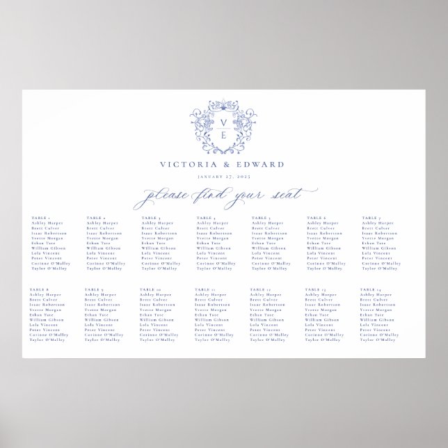 Regency Blue Wappen Monogram Seating Chart Poster (Vorne)