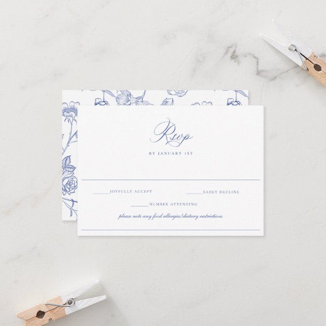 Regency Blue Wedding Food Allergy Diet RSVP Card Einladung (Vorderseite/Rückseite Beispiel)