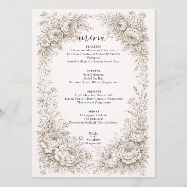 Regency Botanical Engraving Wedding Party Menu Car Menükarte (Vorderseite)