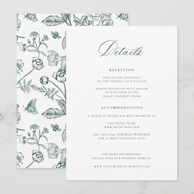 Regency Emerald Green Wedding Details Begleitkarte (Vorne/Hinten)