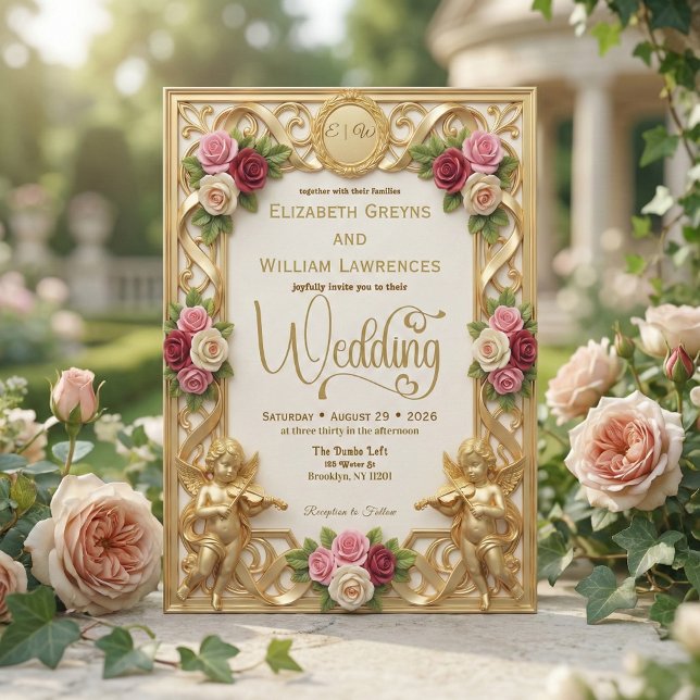 Regency-Epoche-Garten-Cherubim-Monogramm-Hochzeit Einladung (Von Creator hochgeladen)