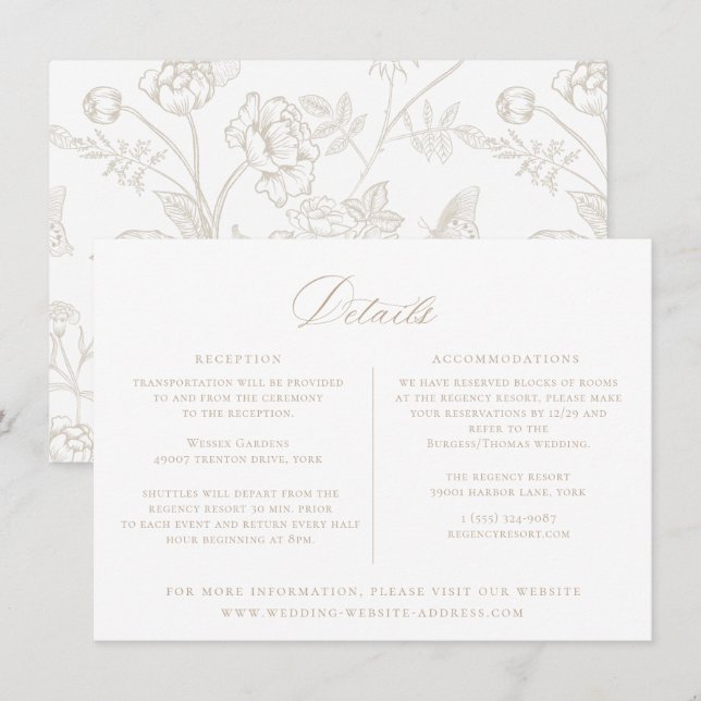 Regency Era Beige Floral Wedding Details Card Einladung (Vorne/Hinten)