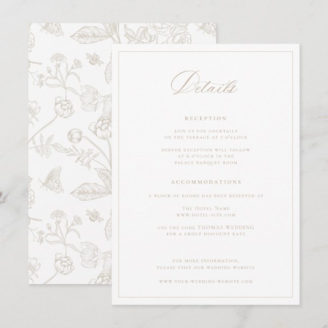 Regency Era Beige Wedding Details Begleitkarte (Vorne/Hinten)