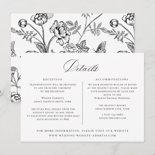 Regency Era Black Floral Mariage Détails Carte (Devant / Derrière)