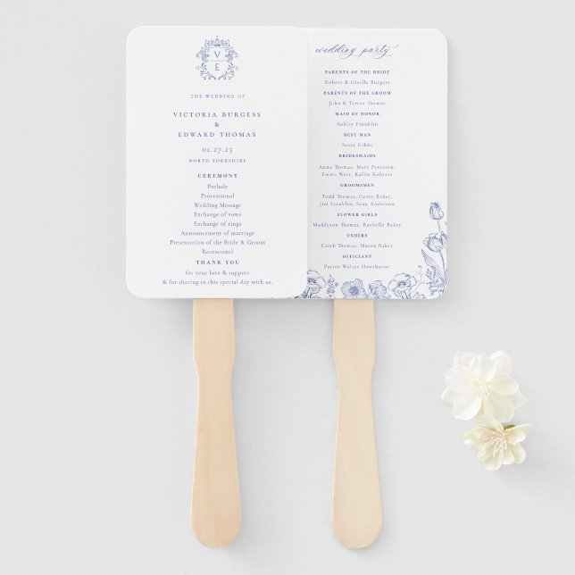 Regency Era Blue Wappen Monogram Wedding Program Fächer (Vorne und Hinten)