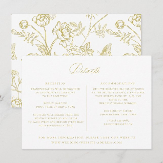 Regency Era Gold Floral Mariage Détails Carte (Devant / Derrière)