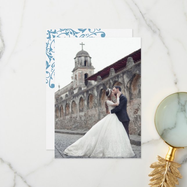 Regency French Blue Lilie Wedding Foto Dankeskarte (Vorderseite/Rückseite Beispiel)