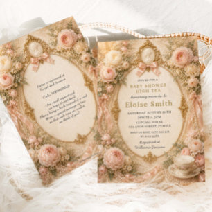 Regency-Teeparty-Baby-Party Pinke Blumen Perlen Einladung