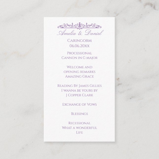 Regency-Violette Hochzeitszeremonie-Programm Begleitkarte (Vorderseite)