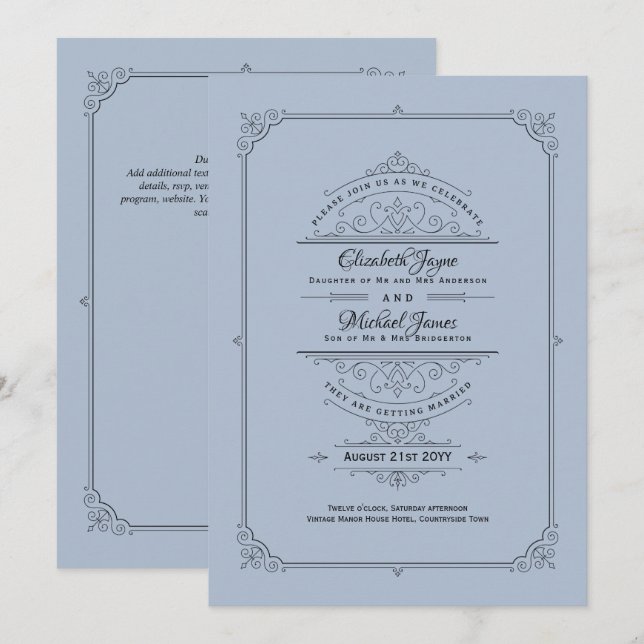 Regency Wedding Einladungen Vintag Dusty Blue (Vorne/Hinten)