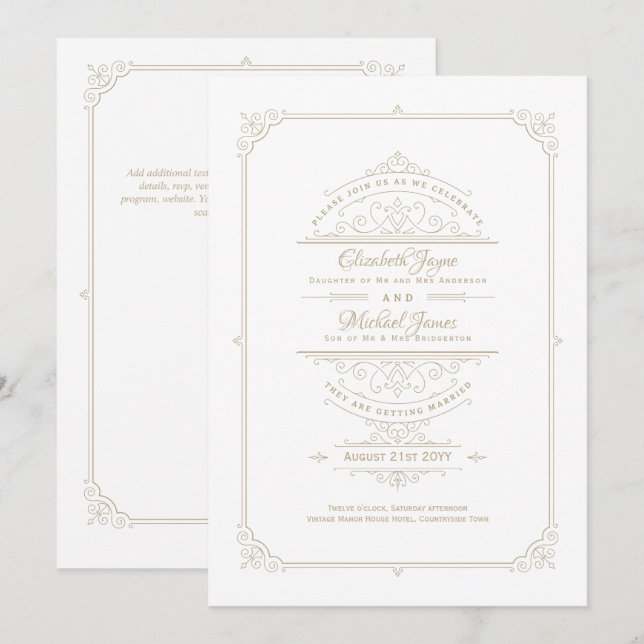 Regency Wedding Einladungen Vintag Themed GOLD (Vorne/Hinten)