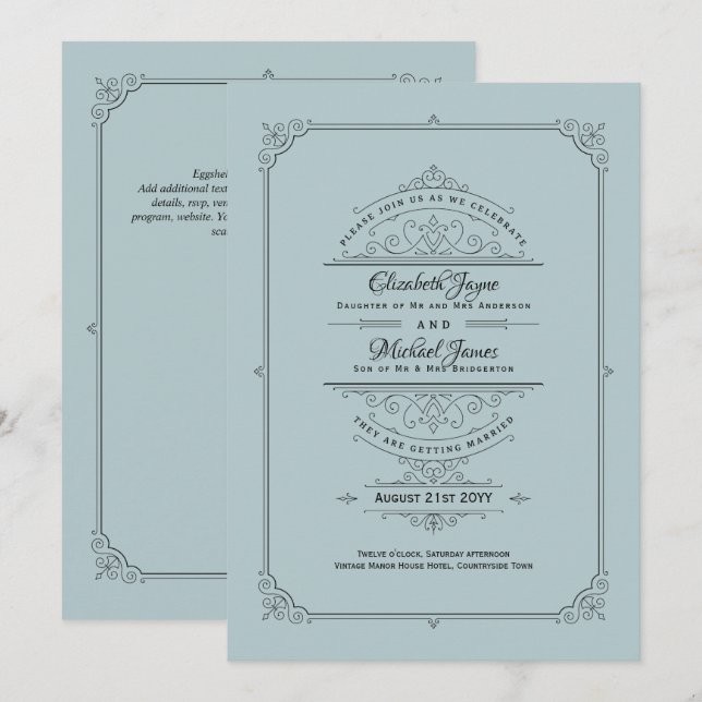 Regency Wedding Invitations Vintage Canard bleu oe (Devant / Derrière)