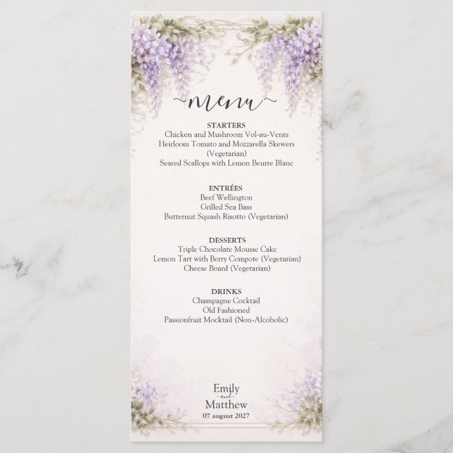 Regency Wisteria Wedding Menu Card Menükarte (Vorderseite)