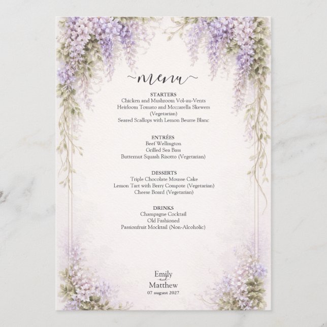 Regency Wisteria Wedding Menu Card Menükarte (Vorderseite)