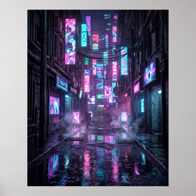 Regendurchtränktes Neongebiet Poster (Vorne)