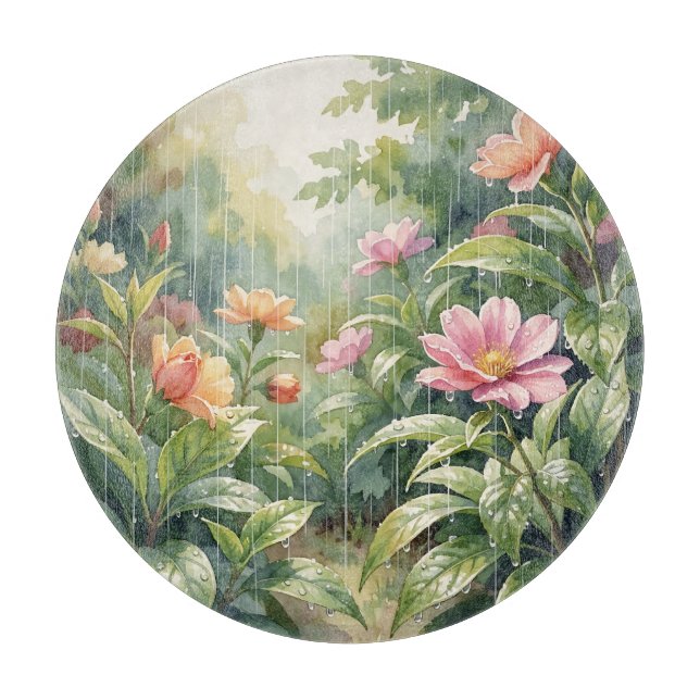 Regengarten-Kameliend Blumen Aquarell Schneidebrett (Vorderseite)